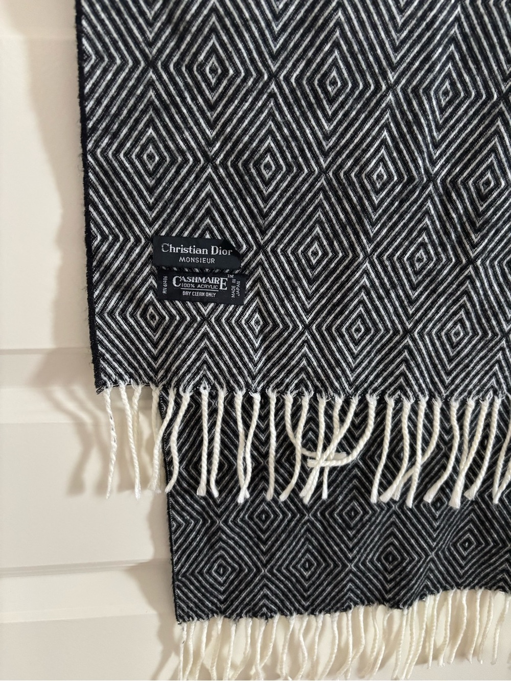 Dior Monsieur Black & White Geometric Fringe Cashmere Scarf